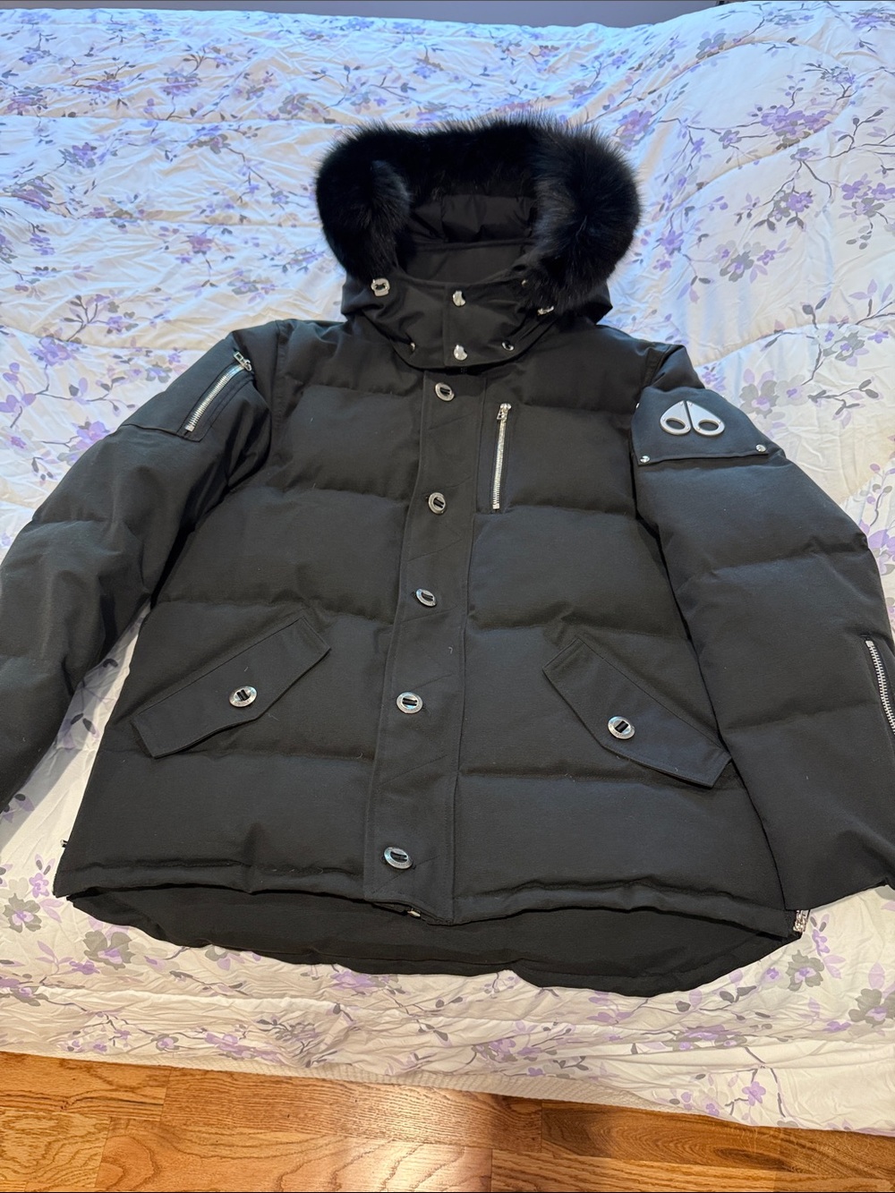 Moose Knuckles Men Black Fur-Trim Hooded Bomber Jacket